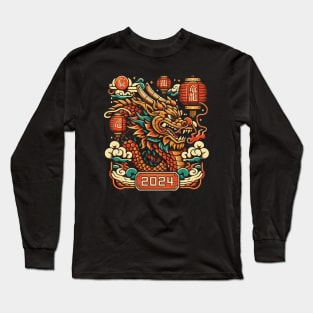 Chinese New Year Wooden Dragon - Lunar Year 2024 - Vintage Retro Long Sleeve T-Shirt